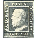 Sicilia - 1859 - Ferdinando II 20 gr. grigio ardesia, n° 13. Firm.: AD ed altri. Cert.: Biondi. Cat. € 2.000 (*)