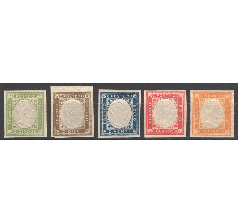 1861 - Provincie Napoletane Vittorio Emanuele in rilievo, serie non emessa n° 1/5. Cert.: Cilio. Cat. € 800 (**)