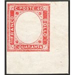 1961 - Provincie Napoletane Vittorio Emanuele 40 c. vermiglio angolo di foglio senza effigie, tutti i fogli di questa emissione 