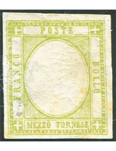 1861 - Provincie Napoletane Vittorio Emanuele ½ gr. verde giallo chiaro senza effigie e gommato al recto (vedi nota), n° 17ala. 