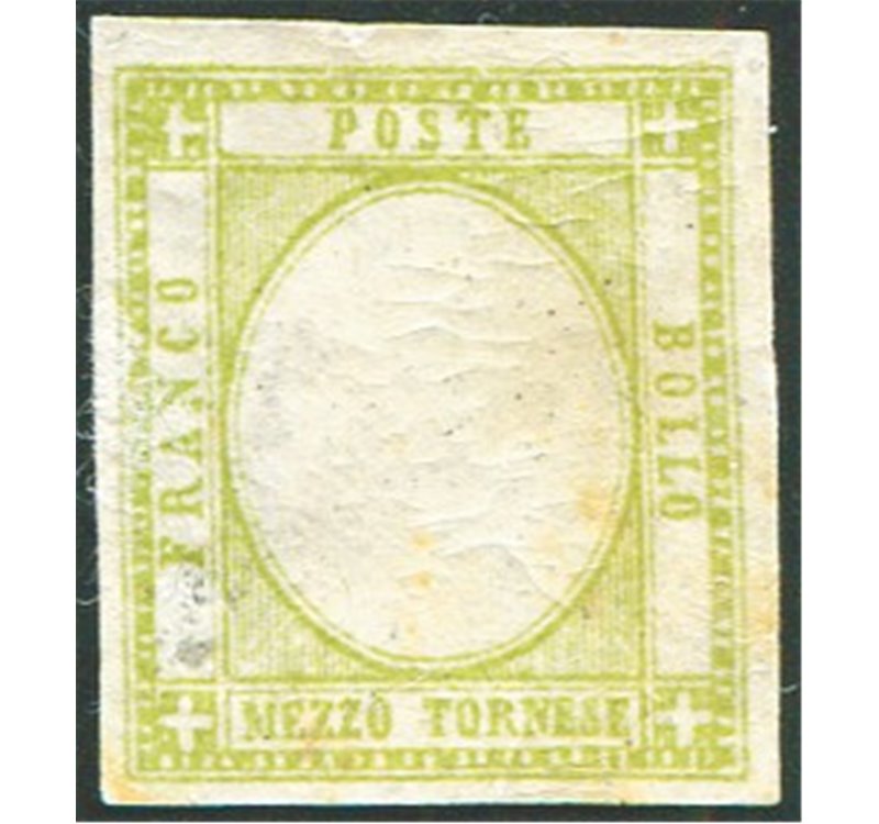 1861 - Provincie Napoletane Vittorio Emanuele ½ gr. verde giallo chiaro senza effigie e gommato al recto (vedi nota), n° 17ala. 