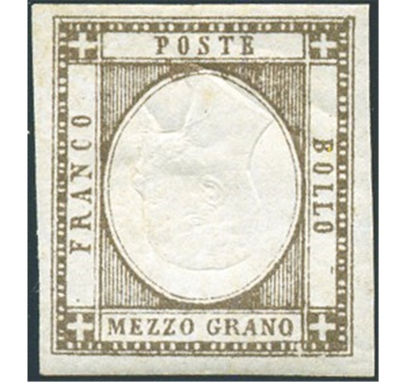 1861 - Provincie Napoletane Vittorio Emanuele ½ gr. bistro bruno con effigie capovolta, n° 18f. Firm.: Chia - AD - ED. Cert.: Bi