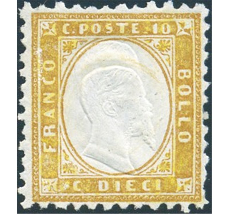 1862 - Vittorio Emanuele 10 c. bistro giallastro, n° 1. Cert.: Biondi. Cat. € 12.000 (**)