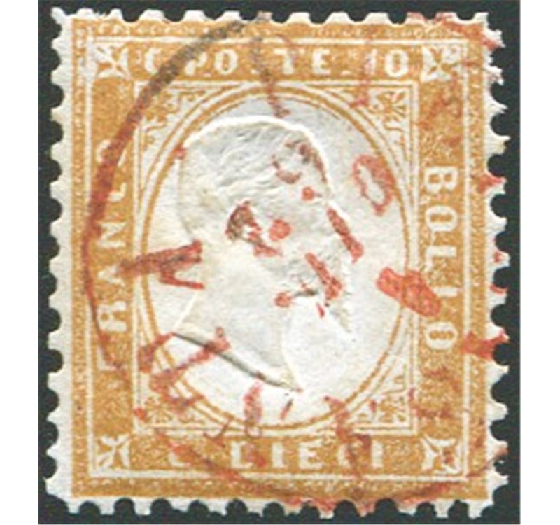 1862 - Vittorio Emanuele 10 c. bistro giallastro dent. 11½x12 con annullo di Pietrasanta (LU) in rosso (R1 su Sardegna), cerchio