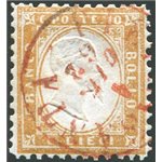 1862 - Vittorio Emanuele 10 c. bistro giallastro dent. 11½x12 con annullo di Pietrasanta (LU) in rosso (R1 su Sardegna), cerchio