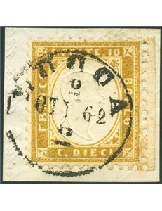 1862 - Vittorio Emanuele 10 c. bistro su frammento con annullo completo di data, n° 1. Firm.: AD. Cert.: Biondi. Cat. € 950 (Fr)