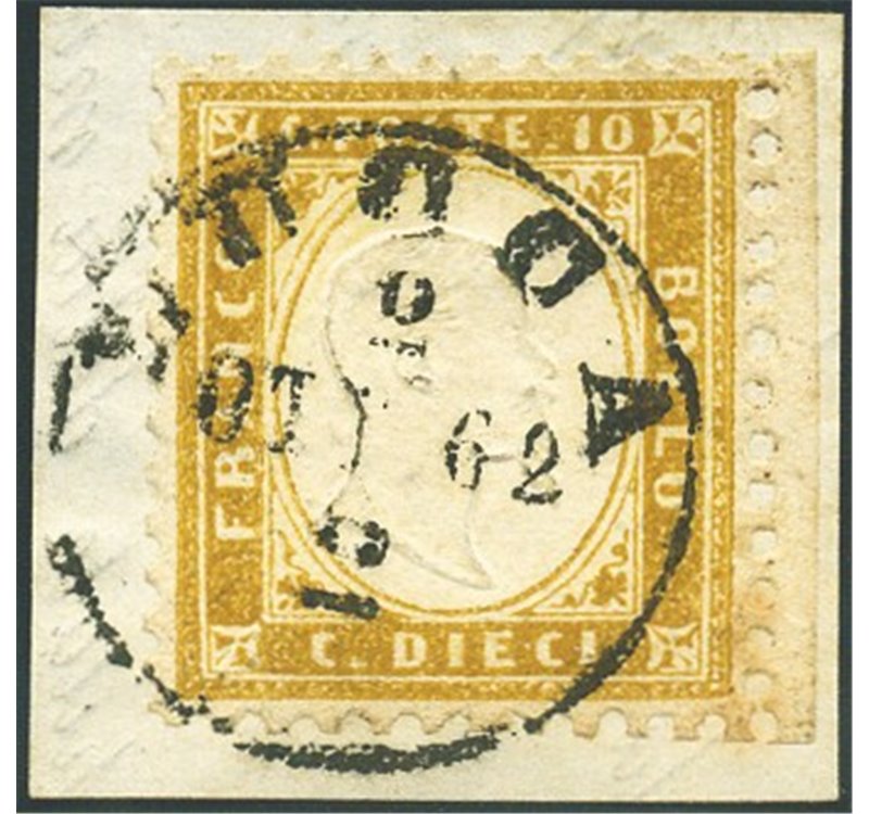 1862 - Vittorio Emanuele 10 c. bistro su frammento con annullo completo di data, n° 1. Firm.: AD. Cert.: Biondi. Cat. € 950 (Fr)