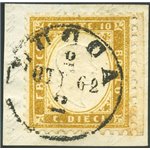 1862 - Vittorio Emanuele 10 c. bistro su frammento con annullo completo di data, n° 1. Firm.: AD. Cert.: Biondi. Cat. € 950 (Fr)