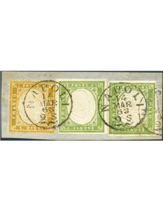 1863 - Frammento con affrancatura mista composta dal 10 c. bruno giallastro di Regno (n° 1) + 2 pezzi del 5 c. verde di Sardegna