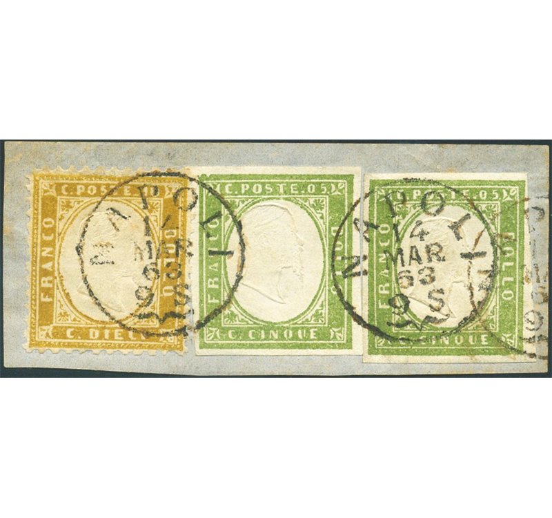 1863 - Frammento con affrancatura mista composta dal 10 c. bruno giallastro di Regno (n° 1) + 2 pezzi del 5 c. verde di Sardegna