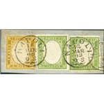 1863 - Frammento con affrancatura mista composta dal 10 c. bruno giallastro di Regno (n° 1) + 2 pezzi del 5 c. verde di Sardegna