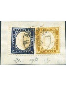 1862 - Vittorio Emanuele 10 c. bistro giallastro + 20 c. indaco su frammento, n° 1/2. Cert.: Biondi. Cat. € 835 (Fr)