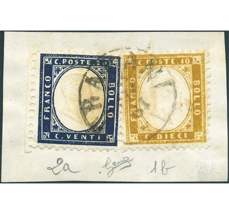 1862 - Vittorio Emanuele 10 c. bistro giallastro + 20 c. indaco su frammento, n° 1/2. Cert.: Biondi. Cat. € 835 (Fr)