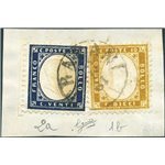 1862 - Vittorio Emanuele 10 c. bistro giallastro + 20 c. indaco su frammento, n° 1/2. Cert.: Biondi. Cat. € 835 (Fr)