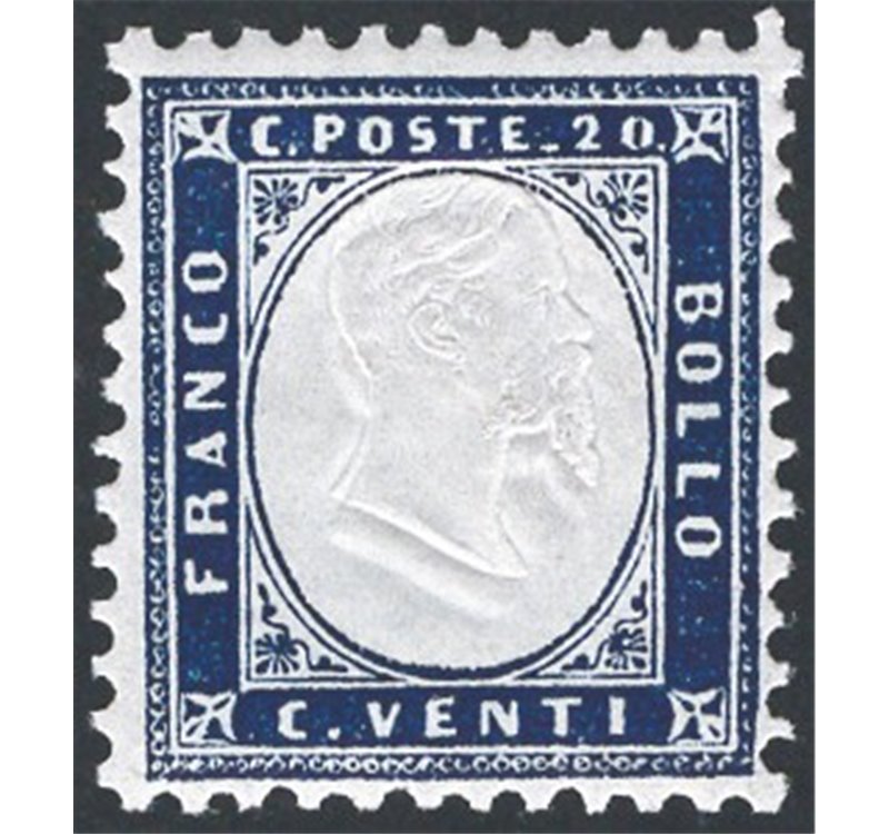 1862 - Vittorio Emanuele 20 c. indaco ottimamente centrato, n° 2. Cat. € 150 (**)