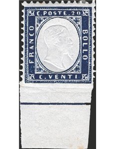 1862 - Vittorio Emanuele 20 c. indaco in rilievo non dent. in basso con bordo integrale, n° 2l. Cat. € 150 (**)