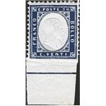 1862 - Vittorio Emanuele 20 c. indaco in rilievo non dent. in basso con bordo integrale, n° 2l. Cat. € 150 (**)