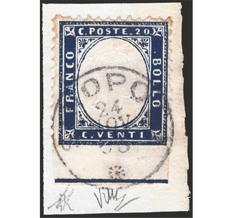 24/11/1963 - Vittorio Emanuele 20 c. indaco non dent. in basso con bordo di foglio integrale su frammento con annullo completo d