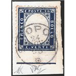 24/11/1963 - Vittorio Emanuele 20 c. indaco non dent. in basso con bordo di foglio integrale su frammento con annullo completo d
