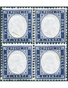 1862 - Vittorio Emanuele 20 c. indaco, n° 2 in quartina con discreta centratura, n° 2. Cert.: Biondi. Cat. € 350+ (**)