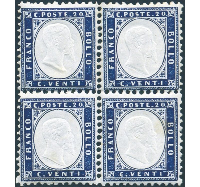 1862 - Vittorio Emanuele 20 c. indaco, n° 2 in quartina con discreta centratura, n° 2. Cert.: Biondi. Cat. € 350+ (**)