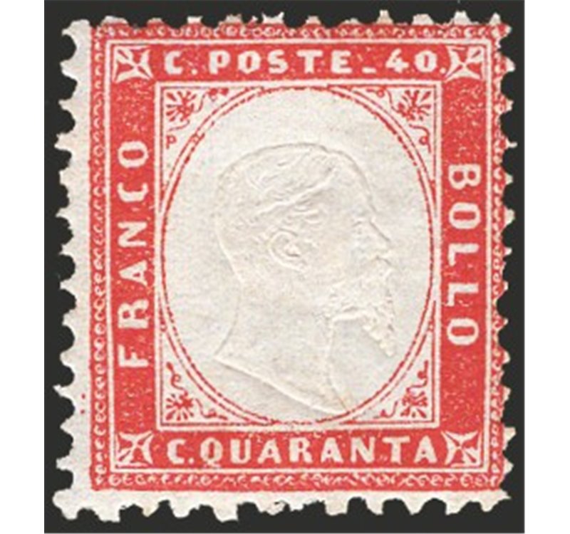 1862 - Vittorio Emanuele 40 c. rosso carminio, n° 3. Cert.: IC. Cat. € 250 (*)