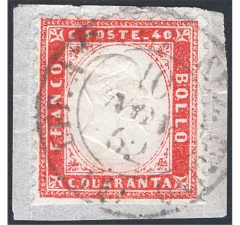 10/4/1862 - Vittorio Emanuele 40 c. non dent. in basso su frammento con annullo completo, n° 3k. Cert.: IC. Cat. € 750 (U/Fr)