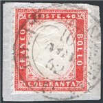 10/4/1862 - Vittorio Emanuele 40 c. non dent. in basso su frammento con annullo completo, n° 3k. Cert.: IC. Cat. € 750 (U/Fr)
