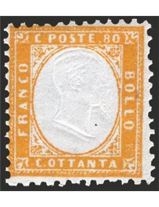 1862 - Vittorio Emanuele 80 c. giallo arancio, n° 4. Firm.: AD. Cat. € 125 (**)