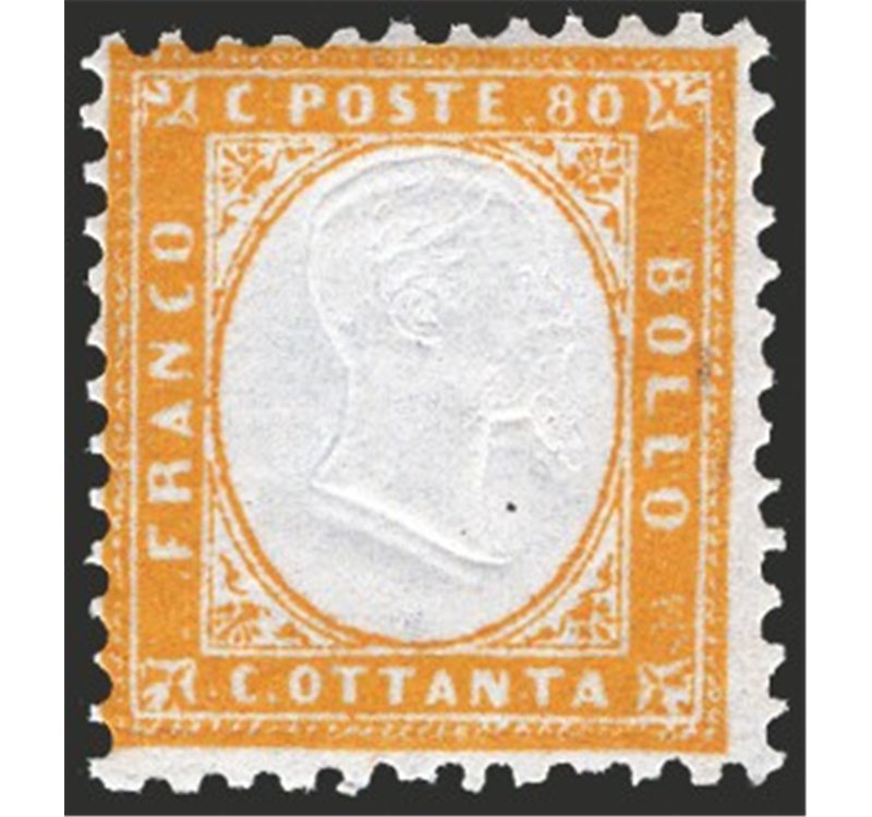 1862 - Vittorio Emanuele 80 c. giallo arancio, n° 4. Firm.: AD. Cat. € 125 (**)