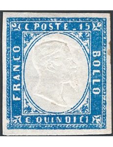 1863 - Vittorio Emanuele in rilievo 15 c. azzurro, n° 11. Cert.: IC. Cat. € 360 (**)