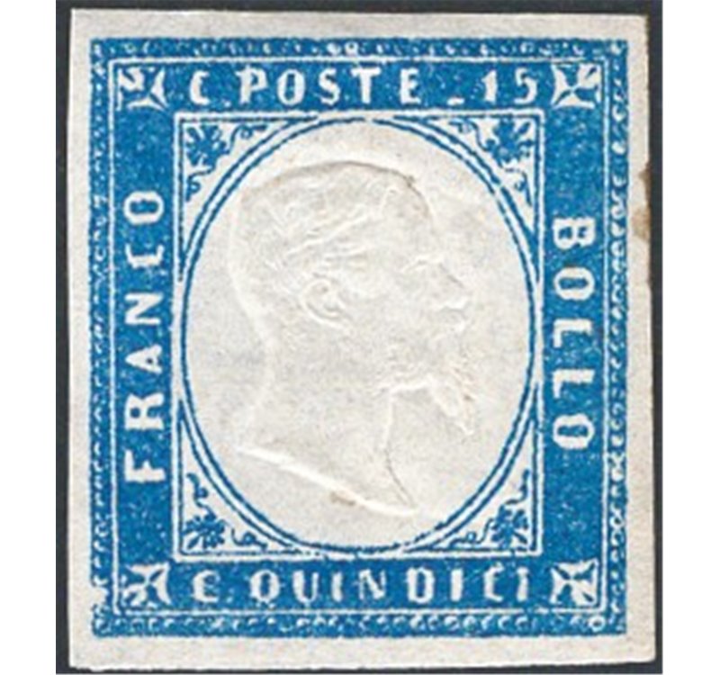 1863 - Vittorio Emanuele in rilievo 15 c. azzurro, n° 11. Cert.: IC. Cat. € 360 (**)