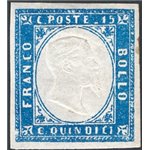 1863 - Vittorio Emanuele in rilievo 15 c. azzurro, n° 11. Cert.: IC. Cat. € 360 (**)