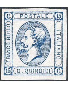 1863 - Vittorio Emanuele 15 c. azzurro 1° tipo litografico, n° 12. Cert.: IC. Cat. € 1.500 (**)