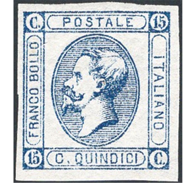 1863 - Vittorio Emanuele 15 c. azzurro 1° tipo litografico, n° 12. Cert.: IC. Cat. € 1.500 (**)