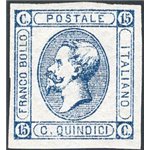 1863 - Vittorio Emanuele 15 c. azzurro 1° tipo litografico, n° 12. Cert.: IC. Cat. € 1.500 (**)
