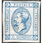 1863 - Vittorio Emanuele 15 c. azzurro 1° tipo litografico, n° 12. Firm.: Sorani. Cert.: ED. Cat. € 500 (*)
