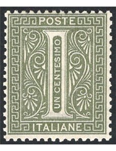 1863 - Cifra 1 c. verde grigio chiaro tiratura di Londra, n° L14 con discreta centratura. Firm.: Chia. Cert.: IC. Cat. € 1.700 (