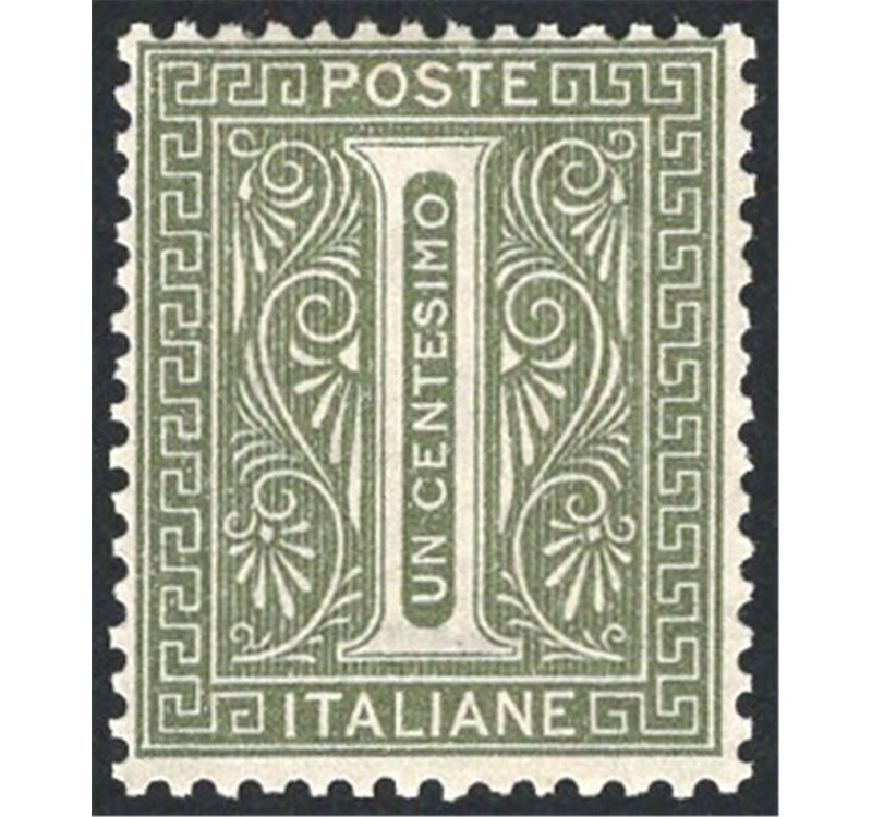1863 - Cifra 1 c. verde grigio chiaro tiratura di Londra, n° L14 con discreta centratura. Firm.: Chia. Cert.: IC. Cat. € 1.700 (