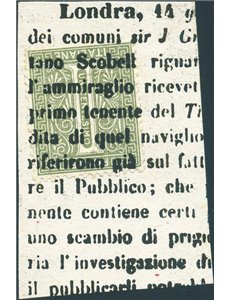 1863 - Cifra 1 c. verde oliva annullato su frammento di giornale mediante stampa tipografica dello stesso, n° T14. Cert.: Biondi