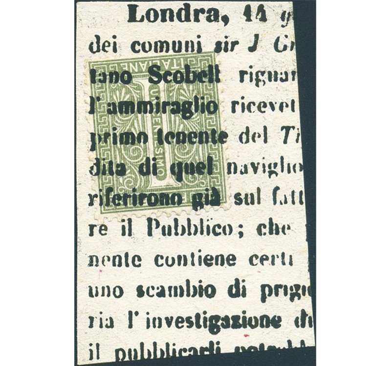 1863 - Cifra 1 c. verde oliva annullato su frammento di giornale mediante stampa tipografica dello stesso, n° T14. Cert.: Biondi