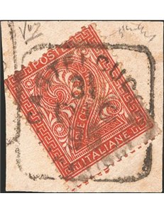31/12/1895 - Cifra 2 c. bruno rosso su frammento annullato con timbro quadrato con data completa di Castelcucco, n° 15, estremam