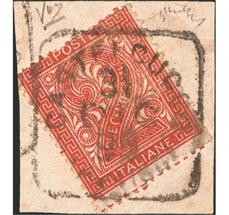 31/12/1895 - Cifra 2 c. bruno rosso su frammento annullato con timbro quadrato con data completa di Castelcucco, n° 15, estremam