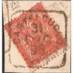 31/12/1895 - Cifra 2 c. bruno rosso su frammento annullato con timbro quadrato con data completa di Castelcucco, n° 15, estremam