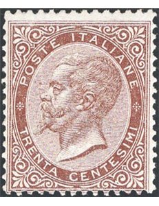 1863 - Vittorio Emanuele 30 c. bruno, n° L19. Cert.: Raybaudi. Cat. € 3.000 (*)