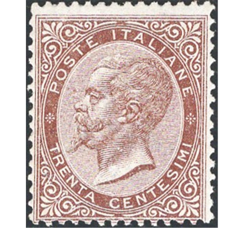 1863 - Vittorio Emanuele 30 c. bruno, n° L19. Cert.: Raybaudi. Cat. € 3.000 (*)