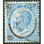 1865 - Vittorio Emanuele 20 c. su 15 c. azzurro, n° 23A con soprast. parzialmente mancante. Cert.: Biondi. Cat. € 5.000 (U)