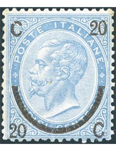 1865 - Vittorio Emanuele 20 c. su 15 c. azzurro ferro di cavallo 3° tipo, n° 25 con discreta centratura. Cert.: Biondi. Cat. € 2