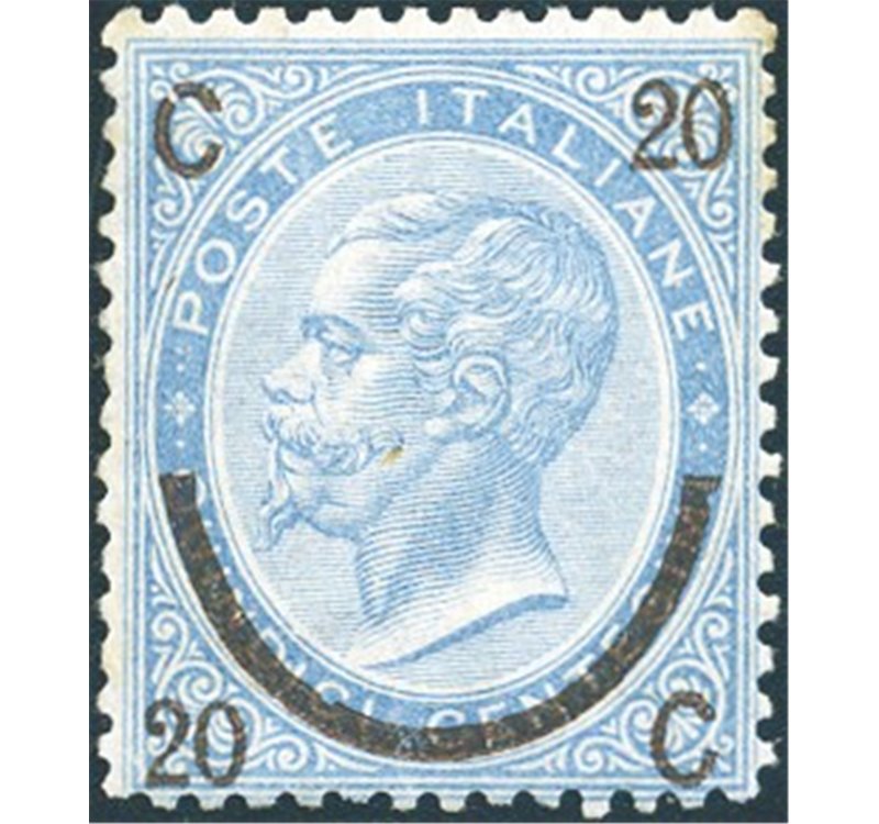 1865 - Vittorio Emanuele 20 c. su 15 c. azzurro ferro di cavallo 3° tipo, n° 25 con discreta centratura. Cert.: Biondi. Cat. € 2