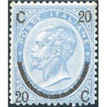 1865 - Vittorio Emanuele 20 c. su 15 c. azzurro ferro di cavallo 3° tipo, n° 25 con discreta centratura. Cert.: Biondi. Cat. € 2